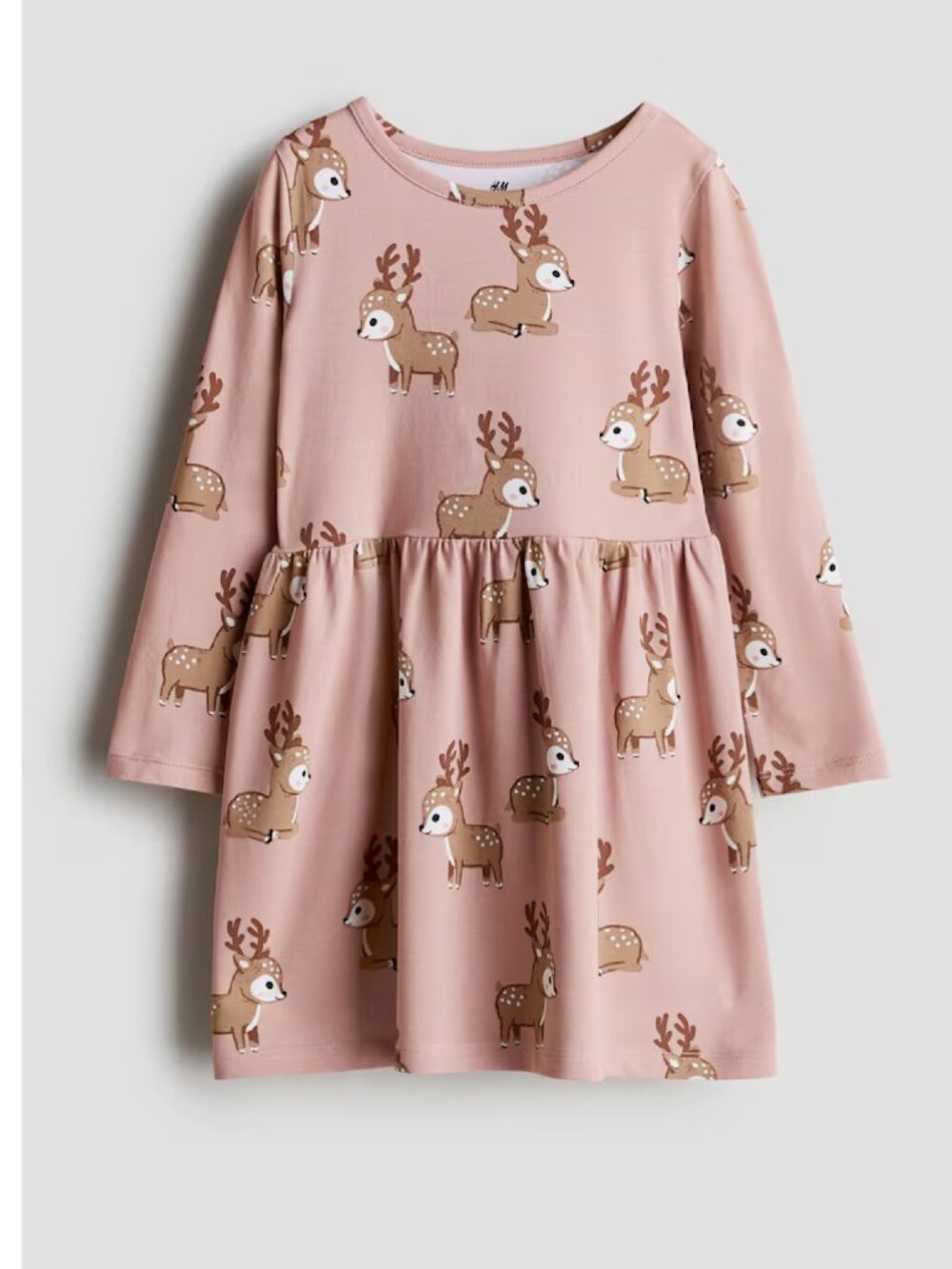 H&M Girls Dusty pink/Reindeer Printed Cotton Long Sleeve Holiday Dress